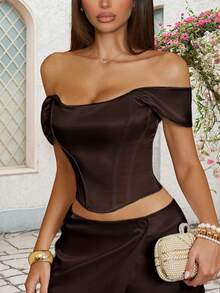 Apperloth A Áo croptop corset bằng satin gợi cảm, áo hai dây ngắn hở vai có thể đảo chiều, kiểu dáng ôm eo, thích hợp cho tiệc tùng, ngày Valentine, lễ hội âm nhạc, đám cưới, dã ngoại mùa xuân/hè. - Màu nâu - Xem 3