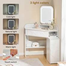 CLIPOP Large LED Dressing Table With Mirror, Dressing Table With Glass Top, Adjustable Brightness, Dressing Table With Sockets, Cosmetic Table With 3 Drawers And 1 Cabinet, White - 查看 5