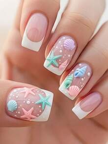 24pcs Short Simple Shell Style False Nails, Cute Shell & Starfish Decor, Bubble Decor, Suitable For Summer Beach Vacation, Short Full Cover False Nails, Suitable For Women's Summer Vacation, Beach Outing, Daily Use, Party, Date And Other Occasions - Multicolor - View 1