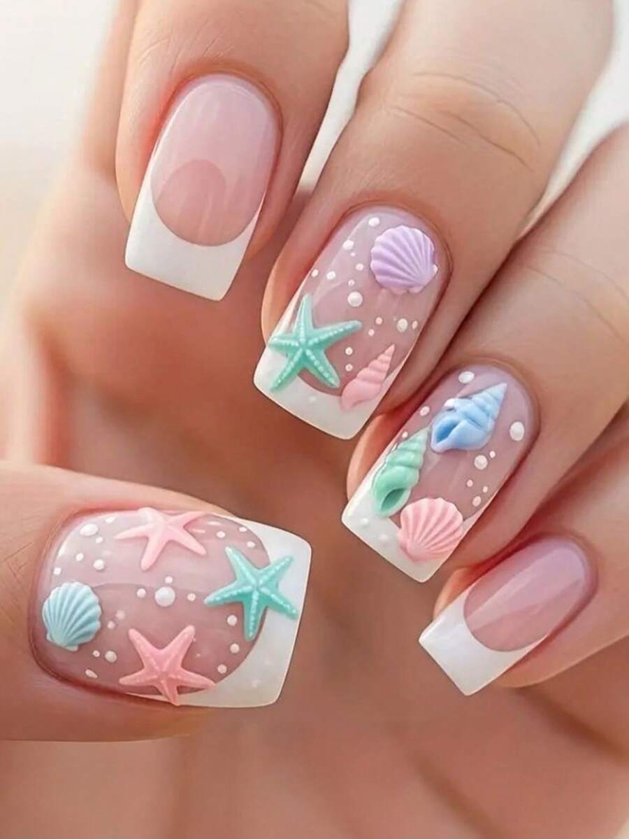 24pcs Short Simple Shell Style False Nails, Cute Shell & Starfish Decor, Bubble Decor, Suitable For Summer Beach Vacation, Short Full Cover False Nails, Suitable For Women's Summer Vacation, Beach Outing, Daily Use, Party, Date And Other Occasions - Multicolor - View 1