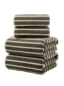 男女通用条纹珊瑚绒柔软吸水亲肤不掉毛条纹毛巾/浴巾 - 墨綠色 - 查看 2