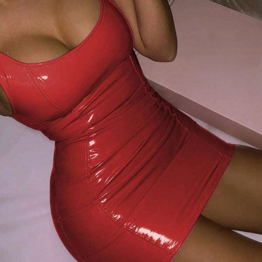 High-Gloss Sleeveless PU Leather Bodycon Mini Dress With Waist-Cinching Fit & Curve-Hugging Silhouette, A Red/Green/Black/Pink Show-Stopping Party Dress Featuring Sexy Hot Girl Style & Retro Glamour, Perfect For Daily Wear, Halloween Costumes & Club Nights - Đỏ - Xem 1