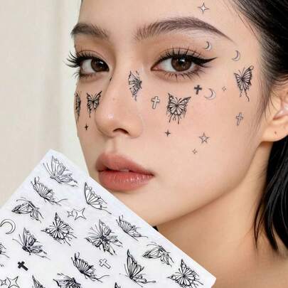 1pc Sweet & Cool Butterfly Cross Face Decor Sticker, Music Festival/Concert/Baddie Selfie Y2K Makeup Decoration Sticker, Waterproof & Long-Lasting With Self-Adhesive