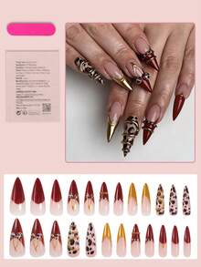 24pcs Long Stiletto Leopard Print Metal Nail Rings, Shiny Full Coverage Nail Tips Design, Y2K Style For Women & Girls Press On Nails - Multicolor - View 2