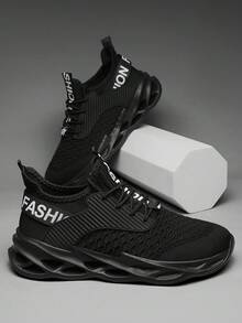 A Pair Of Men's Breathable Mesh Knit Casual Running Shoes, Suitable For All Seasons And Unisex - Black - View 3
