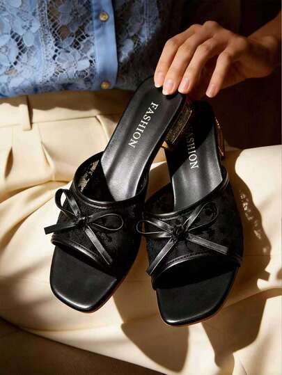 planare Giày sandal nữ mùa hè mới, thanh lịch, gót dày, màu đen lưới thêu nơ, phù hợp cho đi làm hàng ngày, hẹn hò, công sở và các dịp khác.