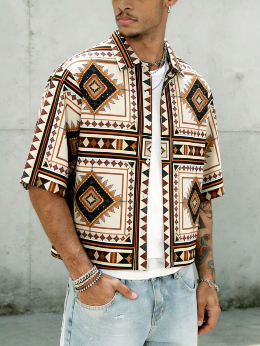 Men's Geometric Pattern Short Sleeve Casual Shirt - Khaki - View 1