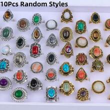 10pcs/Pack Fashionable Retro Luxurious Natural Stone Adjustable Open Ring, Ideal For Women's Daily Jewelry, Party, Banquet, Gifts - 10 Stone Alloy S Ring - View 9
