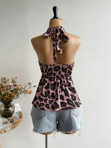 Rusttydustty Camiseta sin espalda de cuello en V para mujer, estampado de leopardo casual para vacaciones, estilo bohemio, adecuado para festivales de música en color rosa - Rosa - Ver 6