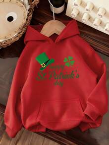 Green Hat With Four-Leaf Clover Pattern, Celebrating St. Patrick's Day. Women's Pocket Hat With  Printed Lettering, -Lined Hooded SweatshirtFour Seasons For Both - Red - View 7