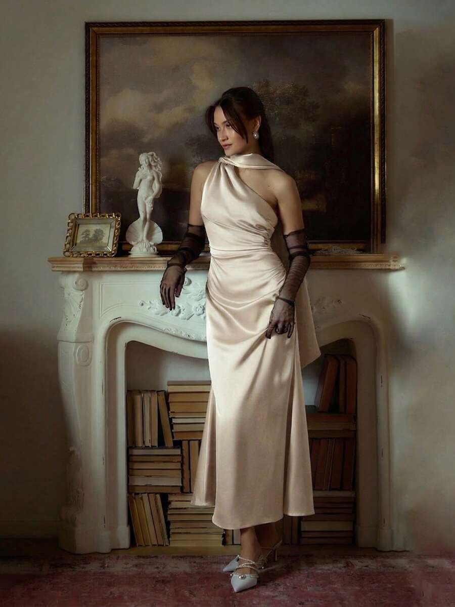 优雅复古派对婚礼鸡尾酒礼服,褶皱腰身设计,弹力面料,婚礼派对礼服,婚礼宾客礼服 - 香檳色 - 查看 1