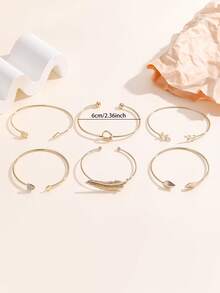 6pcs Fashionable Versatile Leaf, Heart & Geometric Bangle Bracelets, Suitable For Women's Daily Wear, Party, Jewelry Gift, Summer Accessories - Yellow Gold - View 6