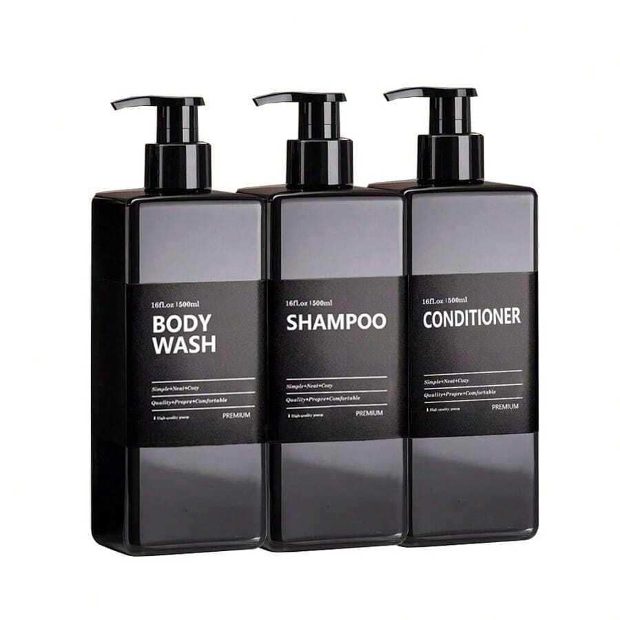 Bộ 3 chai nhựa bơm có thể tái sử dụng, dung tích 500ml/16.9oz, kèm nhãn dán, dùng được cho dầu gội, sữa tắm, mỹ phẩm, đồ dùng phòng tắm. - màu nâu - Xem 1