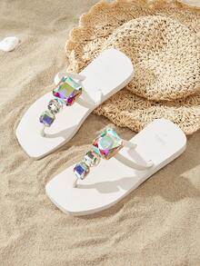 Original Design Fashionable Luxury Large Glass Square Toe Thong Sandals, Flip Flops, Soft Bottom Beach Holiday Shoes, Detachable Decorative Chain, New Summer Collection - White - View 1