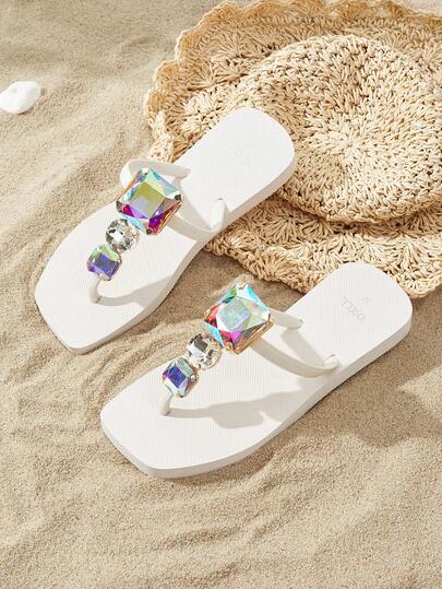 OXLL Sandalias de lujo de moda con punta cuadrada de cristal y tira en T, tipo chanclas, de slip-on, suaves y antideslizantes, para playa y vacaciones, con cadena decorativa extraíble, nueva colección primavera/verano 2025