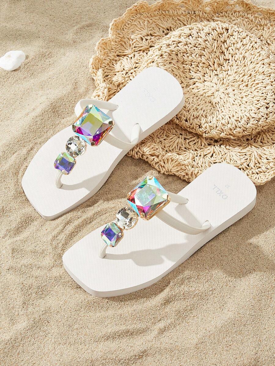 Original Design Fashionable Luxury Large Glass Square Toe Thong Sandals, Flip Flops, Soft Bottom Beach Holiday Shoes, Detachable Decorative Chain, New Summer Collection - White - View 1
