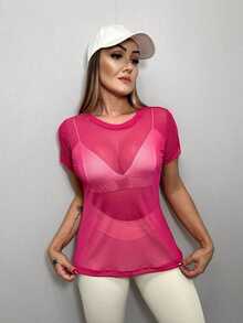 Women's Transparent Tulle Blouse For Gym/Fitness, Oversized Fitness Shirt - Rosa Fucsia - Ver 6