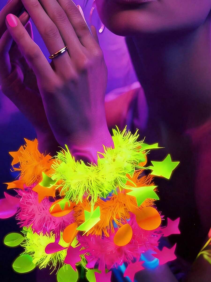 16pcs Glow Bracelets, Flashing Star Decor, Party Supplies Set, Neon Style Bracelet Decor, Create Festive Atmosphere Props, Suitable For Birthday, Holiday, Home Party/Solo Party/Football Cheering Bracelets, Luminous Glow Bracelets - Fluorescent Black Light Reactive Party Favors, Birthday Supplies, Sequin Decor Bracelets - Multicolor - View 1