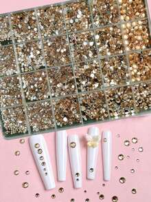 24-Compartment Set Of Champagne Gold Flat Round Rhinestones, Includes 6 Sizes (1.5-4.8mm) Rhinestones, Tweezers And Pickup Pen, Suitable For Nail Art And Eye Makeup (Gold Series) - Brown - View 3