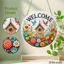 2D Flat Acrylic DIY Diamond Painting Kit, Home And Outdoor Welcome Sign Diamond Art Painting For Hanging, Featuring Bird, Cottage, Floral Patterns, Asymmetrical Shape Diamond Suncatchers, Suitable For Office, School, Club, Bar, Cafe, Library, Living Room, Bedroom, Garden, Porch, Garage Hanging Decor, Multipurpose Holiday And General Decoration, Suitable For Beginners And Adults, Perfect Gift For Friends And Family - A - View 3