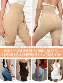 Short Modelador Afina Cintura Alta Compressão Emagrecimento Esconde Barriga Levanta Bumbum - Bege - Visão 3