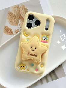 Cute 3D Angel Pentagram Smile Star Silicone Phone Case Compatible With IPhone 17 Pro Max, 17 Pro, 17 Phone Case Suitable For IPhone 16 Pro Max,16,15 Pro Max,14 Pro Max,13,12/11, Kawaii Cream Yellow Moon & Bear Cartoon Protective Cover - 黃色 - 查看 1