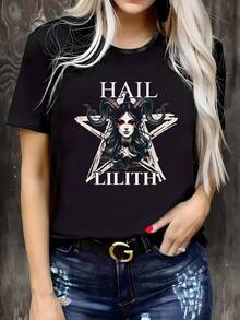 Plus Size - Plus Size Women'S Casual T-Shirt - "Hail Lilith" Print, Round Neck, Short Sleeve, Slightly Elastic Fabric, Comfortable All-Season Top For Casual Attire, Plus Size Blouses - màu đen - Xem 2