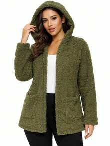 Women's Teddy Animal Print Hooded Jacket – Leopard Style With Fur Pockets - Everyday Wear - 軍綠色 - 查看 5