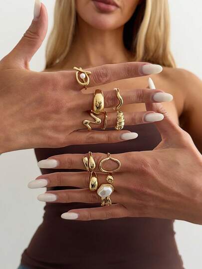 11件套 时尚波西米亚几何镂空不对称抽象设计可调节金戒指套装，女士珠宝配饰