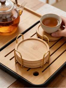 6pcs Bamboo Coasters With Tray - Multipurpose For Large Cups, Stemware, Coffee Mugs, Succulents, Natural Wooden Drink Coasters For Home, Kitchen, Bar Decor - Multicolor - View 12