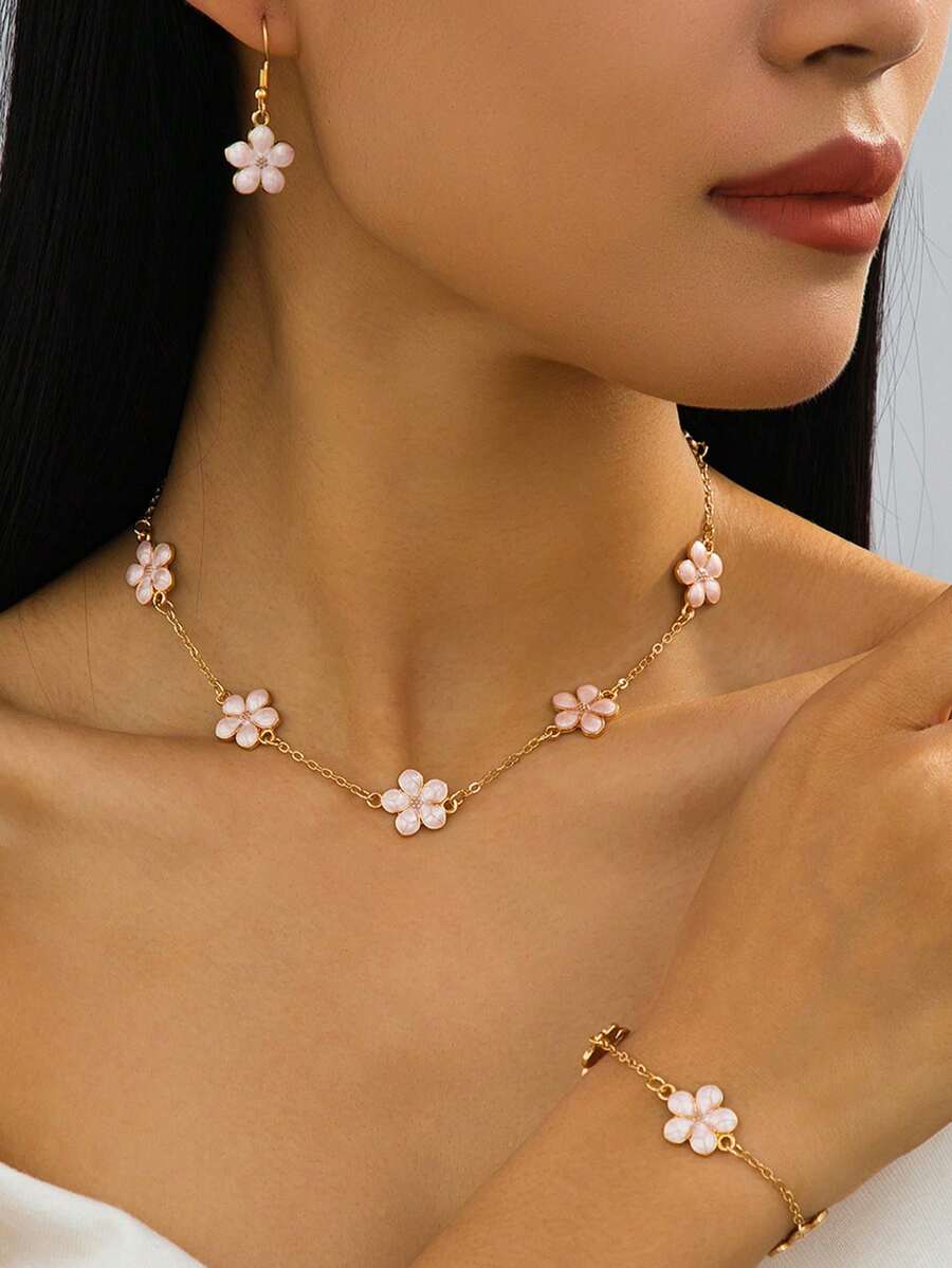 Bộ trang sức mặt dây chuyền hình giọt dầu và hoa trắng tinh tế, dễ thương, gồm vòng cổ, vòng tay và bông tai, món quà mùa hè lý tưởng cho phụ nữ. - Màu Hồng baby - Xem 1