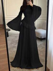 [Spring/Summer Style] Best-Selling New Arrivals Women's Elegant Ruffle Trim Tie-Waist Flare Sleeve Dress, Spring/Summer - 黑色 - 查看 11