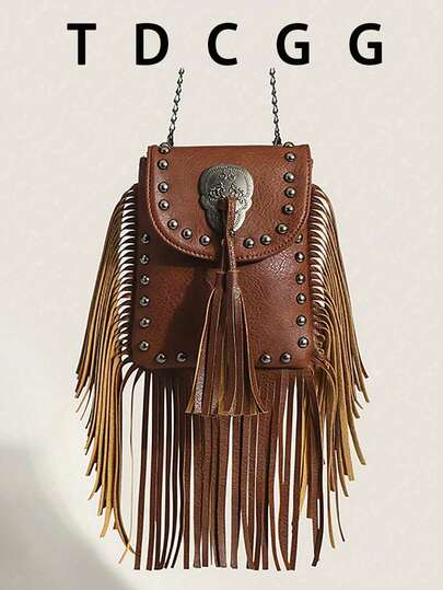 1 st brun axelväska med tofsdekor och kedjerem för kvinnor, bohemisk axelväska, minimalistisk retro fyrkantig väska, lämplig för dagliga utflykter, dejting och resor