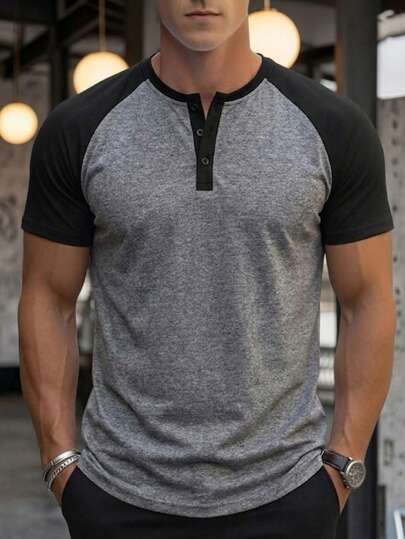  GRDR Men's Summer Fashion Contrast Color Raglan Sleeve Henley Neck Short Sleeve T-Shirt, Suitable For Casual Sports Stylish Matching, Essential Summer Outfit