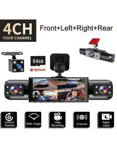 4-Channel Dash Cam, Car DVR Black Box, Front/Rear/Left/Right Camera, Wide Angle, Adjustable Lens, Loop Recording, Night Vision, Motion Detection, 150mAh Battery