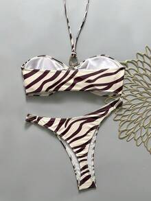 2pcs Solid Color Striped Casual Elegant Backless Tie-Front Bikini Swimwear, Beach Vacation Summer - Coffee Brown - View 4