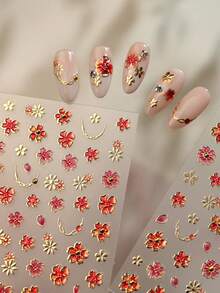 1 adesivo de unha 5D com flor vermelha delicada, decoração de unha autoadesiva floral com detalhes em folha de ouro para você fazer você mesma. - Multicolorido - Ver 3