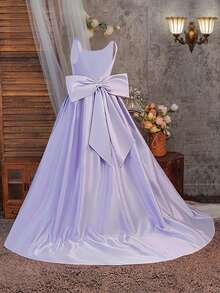 少女优雅露背伴娘婚礼派对公主风长裙，带蝴蝶结和拖尾，适合选美比赛、生日派对、庆典、宴会等场合。 - 淡紫色 - 查看 4