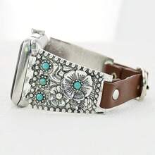 1条复古绿松石色皮革金属表带，兼容 Ultra 2 SE 10 9 8 7 6 5 4 3 2 1；银色花卉手镯式表带，兼容 38mm 40mm 41mm 42mm 44mm 45mm 46mm 49mm - 綠松石色款式1 - 查看 2