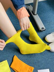 5 Pairs Random Yellow Tone Comfortable Breathable Mid-Calf Socks, Versatile Daily Wear - Multicolor - View 5