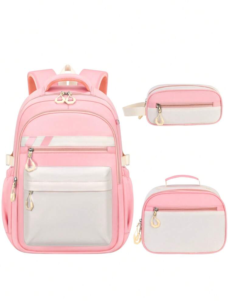 1 Set Colorblock Backpack Set, Cute Backpack In Multiple Colors, Adjustable Shoulder Straps, Luggage Strap, Suitable For Back To School, With Laptop Compartment, Great For Campus And Light Travel - Three-piece Set - View 11