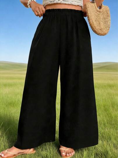 1pc Solid Color Woven Fabric Pocket Plus Size Women Casual Wide Leg Pants, Suitable For Daily, Home, Vacation, Office, Spring/Summer