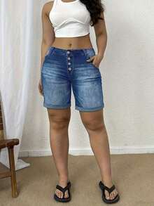 Plus Size Women's Solid Color Cuffed Elastic Fitted Shorts - Giặt vừa - Xem 6