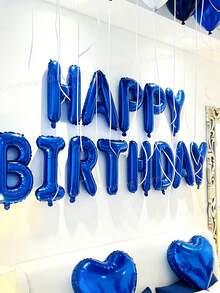 1套藍銀生日氣球套組－人造玫瑰花瓣＋生日快樂橫幅＋藍色愛心鋁箔氣球＋加厚乳膠氣球，適合生日、浪漫之夜、訂婚、週年紀念，飯店房間裝飾，適用於他/她 - 彩色 - 查看 7