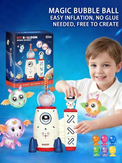 Set de globos adhesivos DIY, incluye bomba de aire cohete, pegatinas para decorar planetas mágicos y amigos alienígenas, contiene 60 globos, talla grande de 100 accesorios, kit de manualidades de globos mágicos espaciales, juguete de globos con bomba de aire cohete y compañeros de globos monstruos, decoraciones reutilizables, kit de modelo de globos rebotantes y varias esculturas de juguetes para niños, actividad creativa DIY, adecuado para entretenimiento/regalo de fiesta de niños y niños pequeños