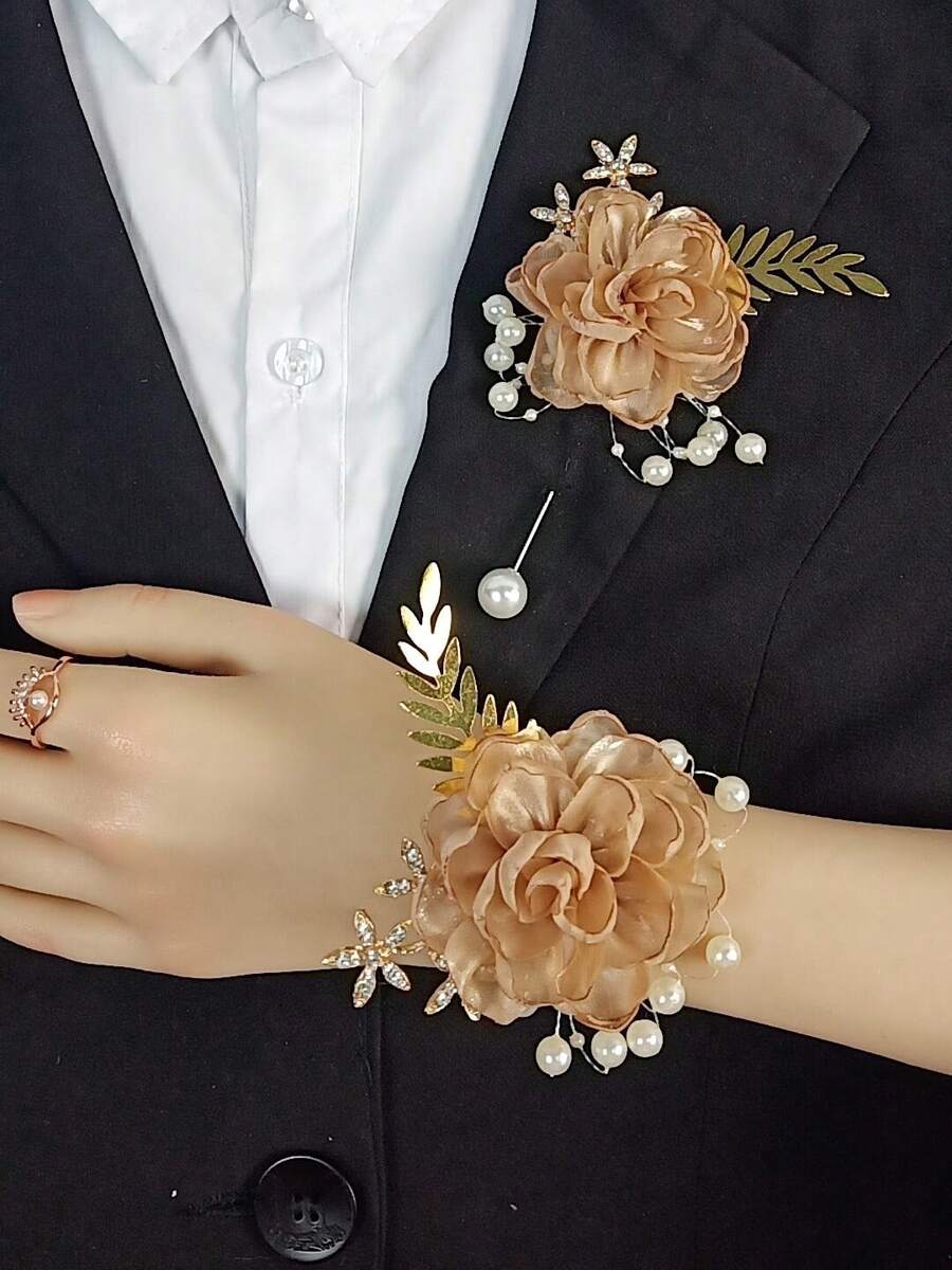 1枚胸花 + 1枚腕花，中性百合锤纹花，香槟色花朵和星星，铁质麦穗点缀，适用于婚礼、派对、日常佩戴，优雅别致，生日场合。 - 香檳色 - 查看 1
