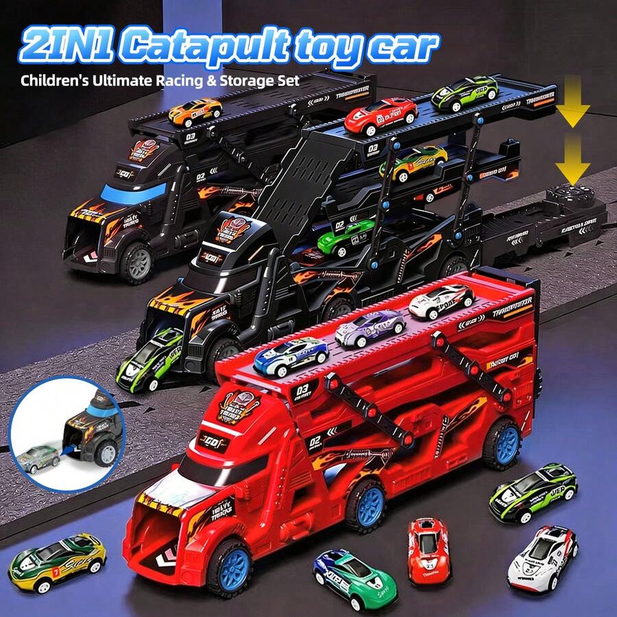 UINLE Baby 2-In-1 Children's Ejection Storage Truck Toy Set, Includes 8 Alloy Mini Cars, Ejection Track & Multi-Layer Storage Dual Mode, Portable Design Supports Multi-Scene Play, Supports Multi-Player Racing Competition, Kids Racing Car Toy Set, Birthday/Holiday/Party/Back To School Gift - Multicolor - View 1