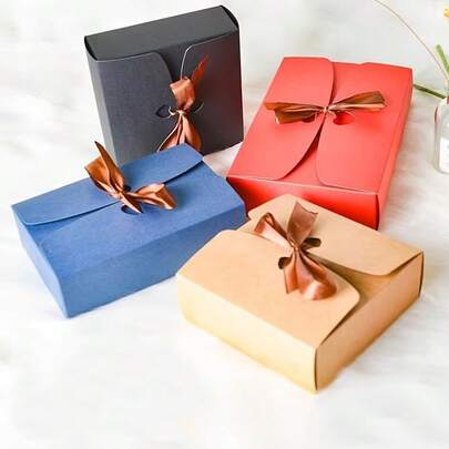 5pcs Creative Portable Paper Gift Boxes, Suitable For Holiday Gift Packaging. Foldable Kraft Paper Bags With Heart-Shaped Ribbon Decor, Suitable As Souvenirs For Parties, Anniversaries, Etc. Universal Packaging Decorations, Applicable For Christmas, Halloween And Other Occasions.