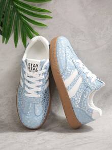 Sepatu Sneakers Patchwork Motif Leopard Wanita, Sepatu Olahraga Ringan dan Bernapas dengan Sol Karet Lembut dan Tahan Lama - Biru - View 6