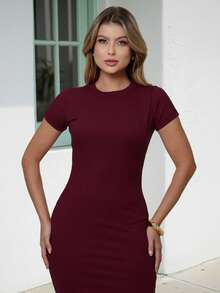 Women's Ribbed Midi Dress, Fitted Bodycon, Short Sleeves, Side Slit, Elegant Look - Burgundy - View 4